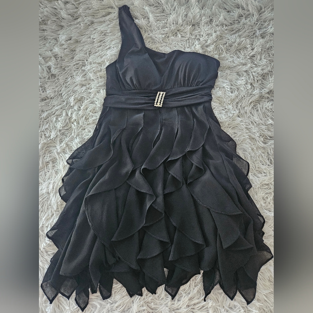 XOXO Vintage Y2K Black Mini Dress One Shoulder Rhinestone Accent Juniors 3 Lined